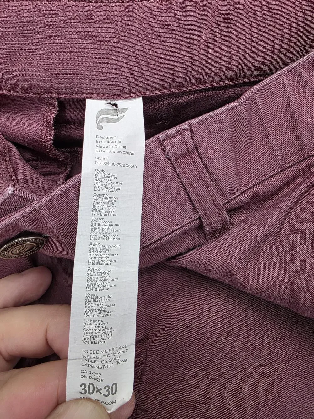 Fabletics Pants Mens 30x30 Purple Chino Slim Stretch Cotton Spandex Canvas